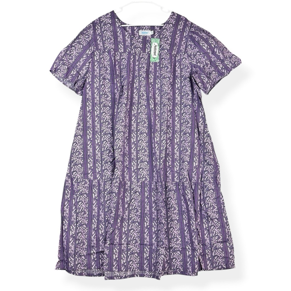 National Purple Paisley Stripe Cotton Tiered Lounger Dress Pockets 3X 24385 NEW